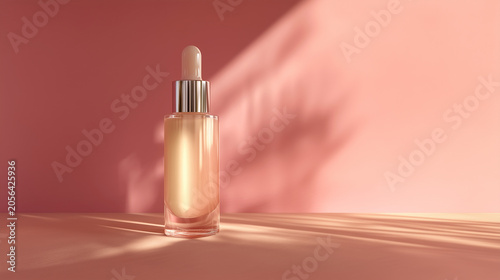 Cosmetic serum bottle mockup on a minimalist pastel pink background with soft aesthetic light and leaf shadow