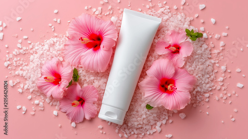 Blank cosmetic tube with pink hibiscus flowers and bath salt on a soft pink background