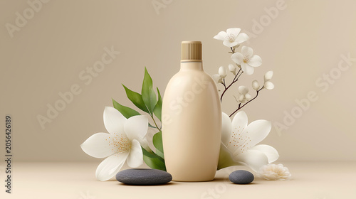 Blank beige cosmetic bottle with jasmine flowers and spa stones, natural skincare product mockup