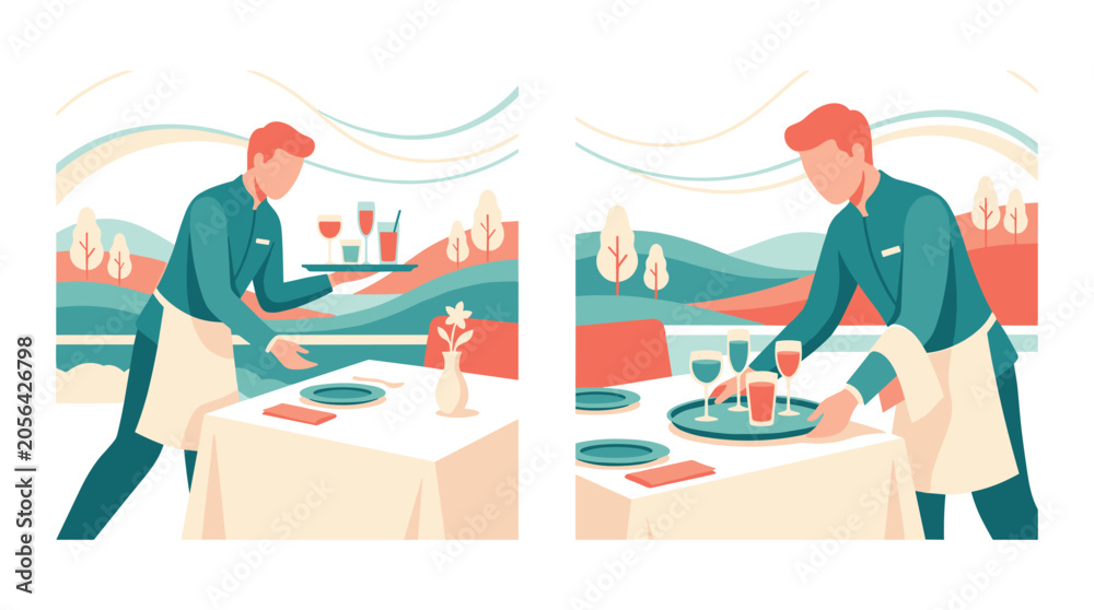 Fototapeta premium Waiter arranging wine glasses on a dining table in a restaurant setting with a scenic landscape view for professional hospitality and food service.