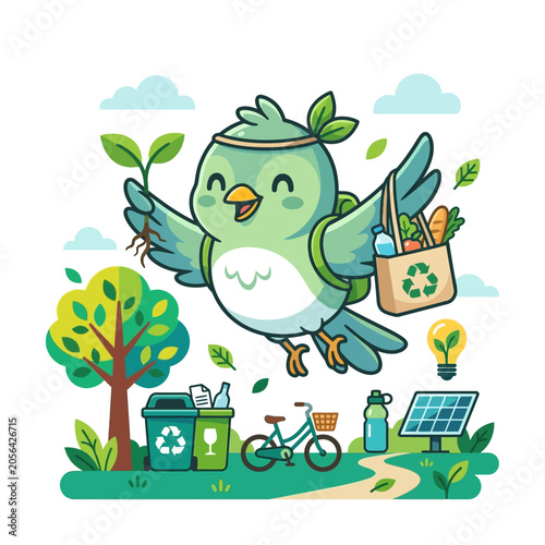 Cute Bird Flies with Eco Bag, Recycling Bins, Solar Panel, Bike, Green Planet