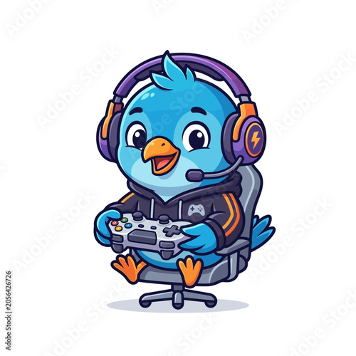 Cute bird gamer cartoon with headphones and controller on gaming chair
