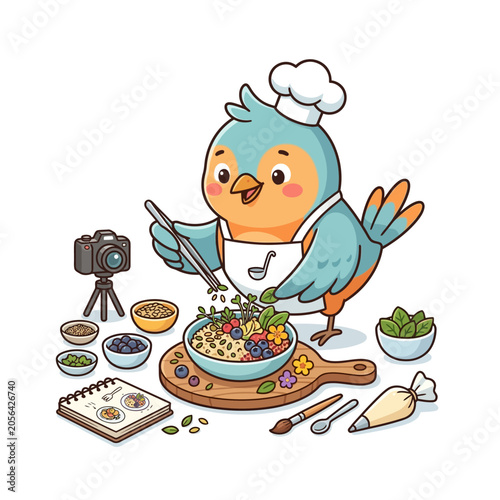 Cute bird chef prepares healthy breakfast, filming for cooking channel