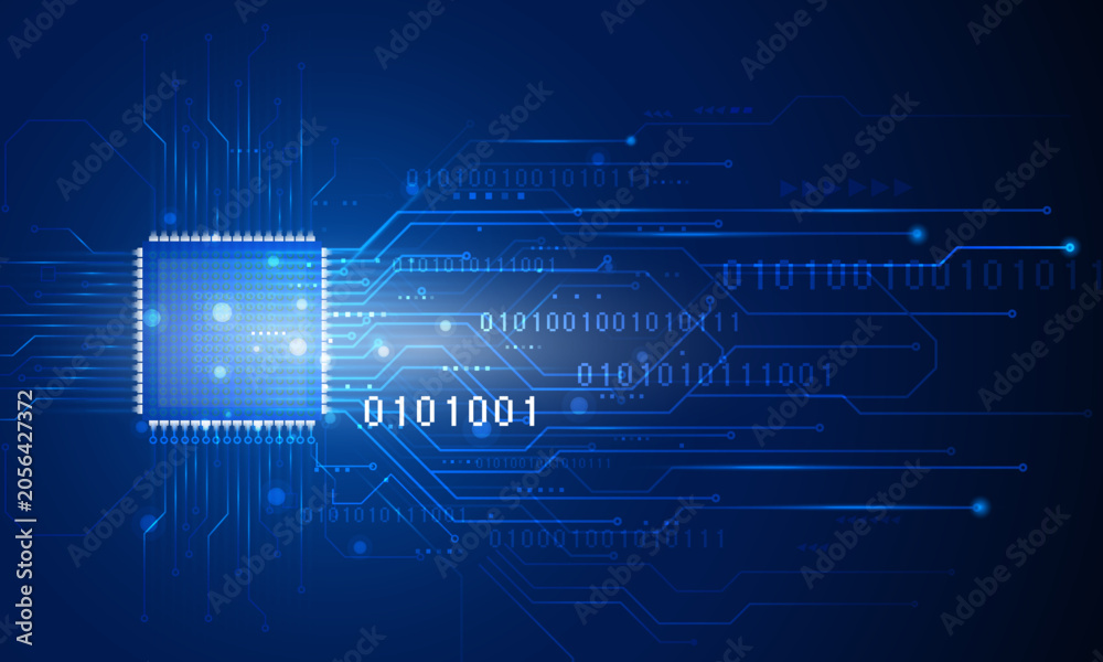 Obraz premium Central Microprocessor Circuit Board Texture with Binary Code Numbers, Glowing Blue Cyber Processing Center and Hardware Network Concept, Vector Illustration