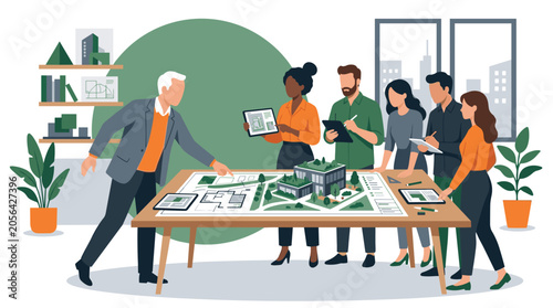 Older man in grey suit points to large blueprint table while team of five reviews architectural model building.