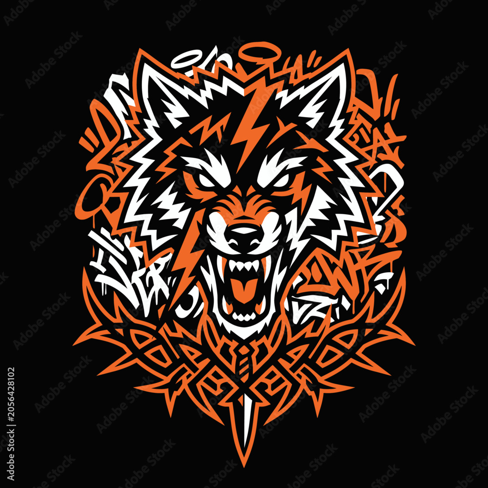 Fototapeta premium Aggressive wolf head illustration with urban graffiti elements