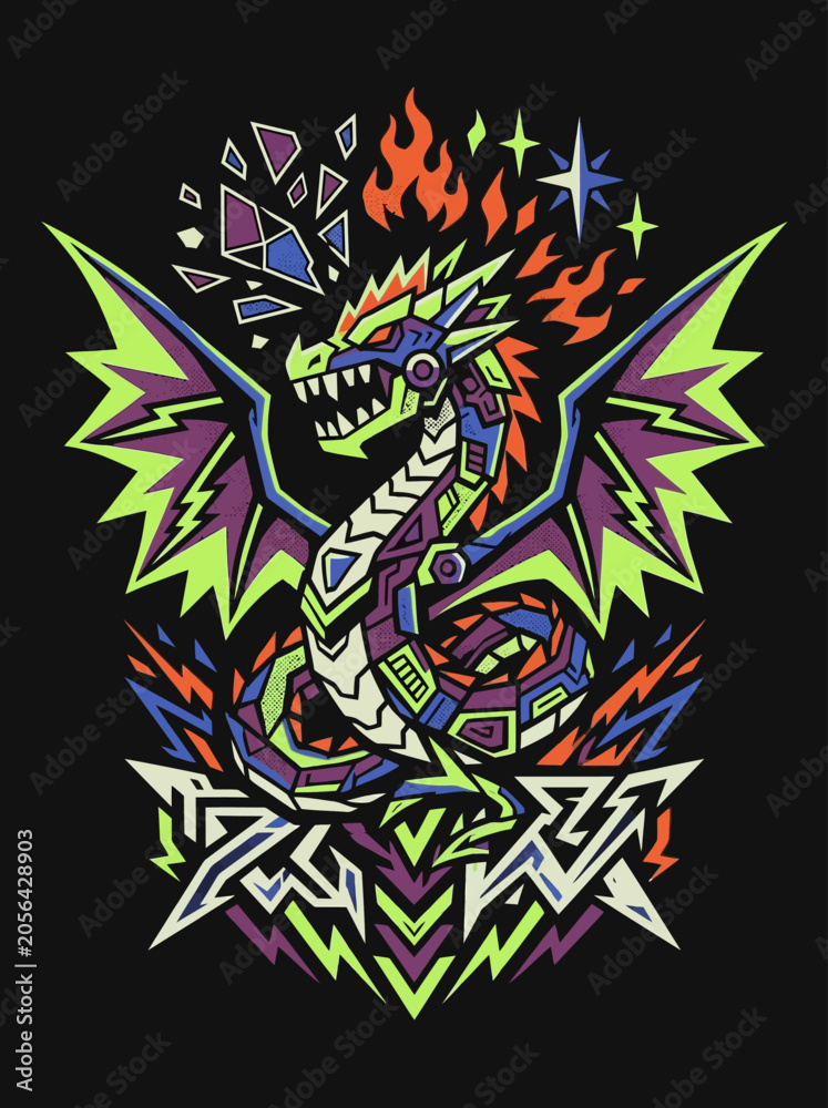 Fototapeta premium A vibrant geometric dragon illustration with flames and stars
