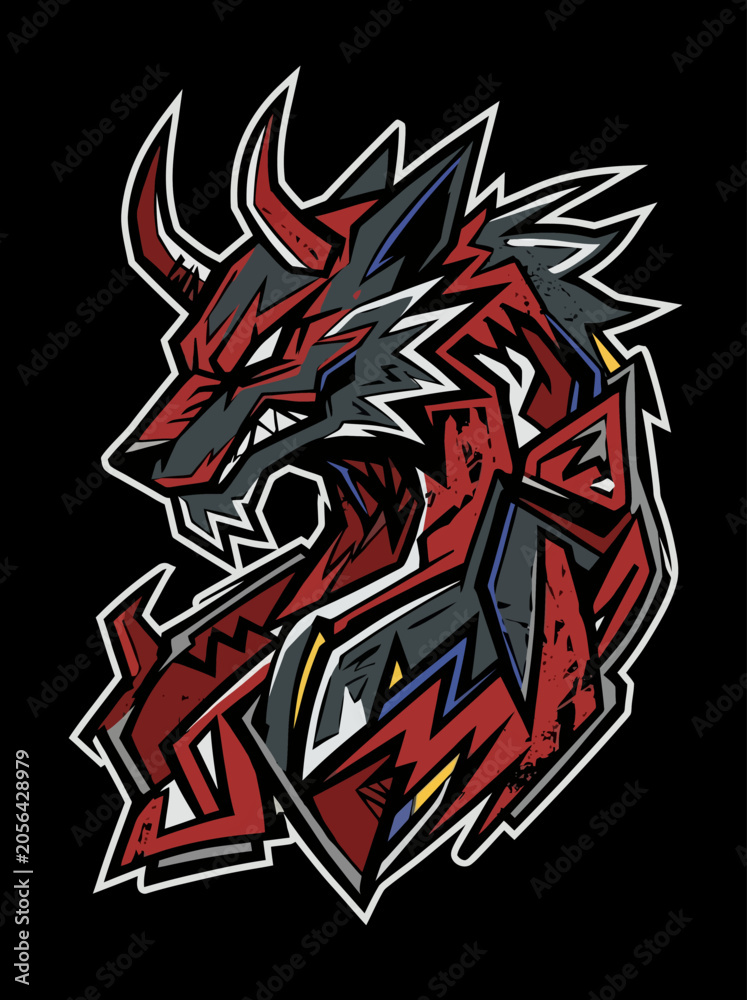 Fototapeta premium Aggressive horned wolf head illustration with sharp teeth