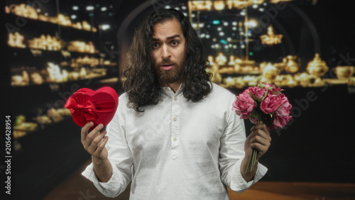 Obraz na płótnie Man holding red heart box and pink bouquet in a museum gallery, offering both items with a hesitant expression; romantic hesitation