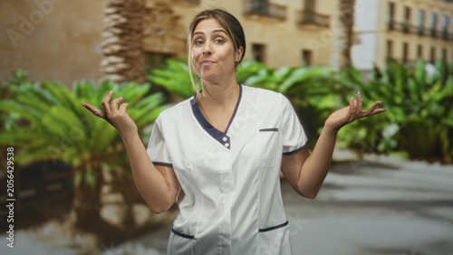 Fotografie Woman nurse in white tunic shrugging with hands raised and fingers pointed outside a building; bemusement casual ease