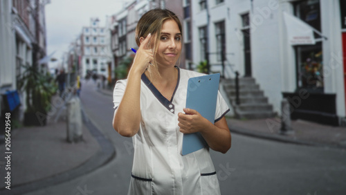 Fotografie Woman nurse holding clipboard points finger to temple on a street near a building, wearing scrubs and smiling; compassionate care thoughtful
