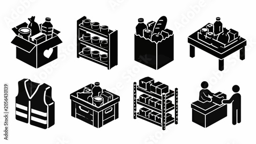 Isometric icons of food donation items and distribution shelves