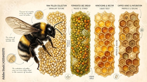 Educational illustration of the honey production process by bees, showing pollen collection, bee bread, and honeycomb