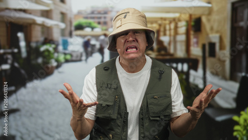 Φωτογραφία Man with hands raised in a pleading gesture on a cobblestone street outside a cafe; desperation plea