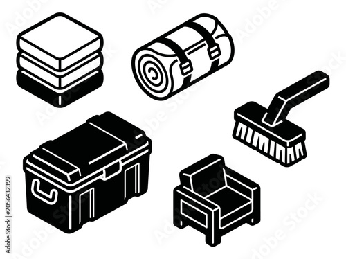 Monochrome outdoor gear icons: sleeping bag, brush, toolbox, chair, and cushions