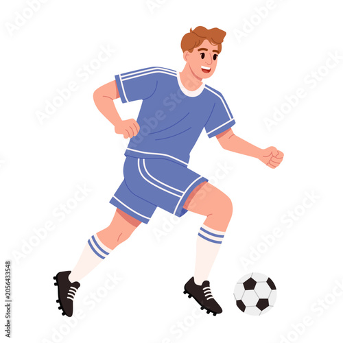 Soccer Player Running With Football Ball Isolated on White Background. Flat Vector Illustration.