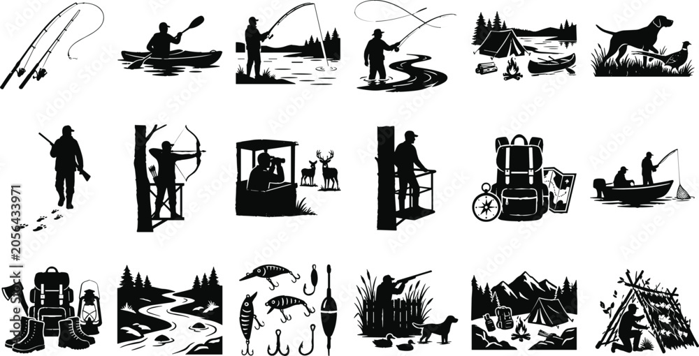 Fototapeta premium Outdoor recreation icons set with black silhouettes of hunting fishing camping hiking and wilderness adventure activities