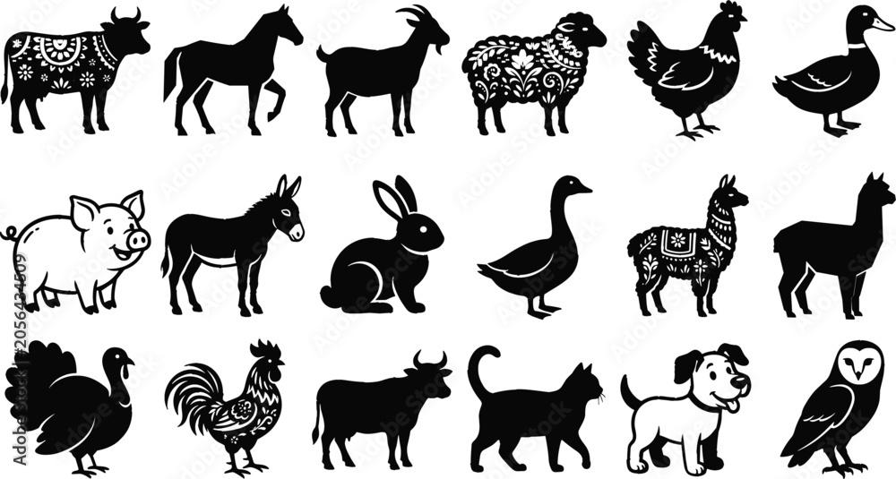 Fototapeta premium Farm animal silhouettes collection featuring decorative and plain designs of domestic species for creative illustration and design use
