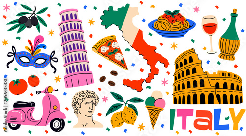 Flat collection of Italy travel and cultural symbols. Famous Italian landmarks, food and lifestyle elements, pizza, pasta, wine and scooter isolated on light background.