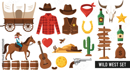 Wild West Cowboy Vector Set with Covered Wagon Horse Rider Cactus Guitar Revolver and Desert Landscape Elements for Game Graphic Designs