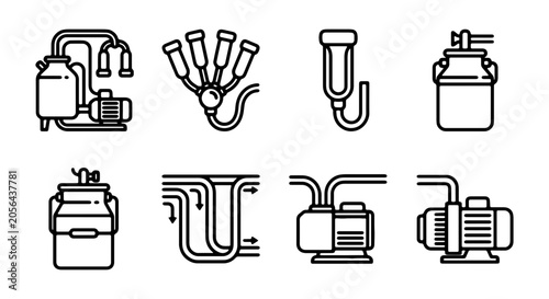 Foto Milking Machine Icons, Dairy Farm Equipment Vector Set, Milk Production Technolo