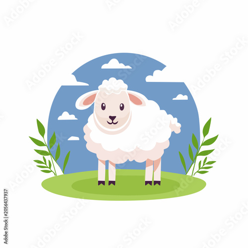 Cute Cartoon Sheep Standing in a Field