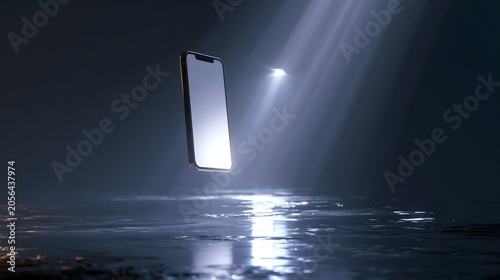 Blank Screen Mobile Phone Levitating Over Reflective Water Surface with Dark Background and Light Rays