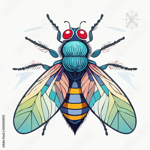 Stylized Fly Illustration with Colorful Wings