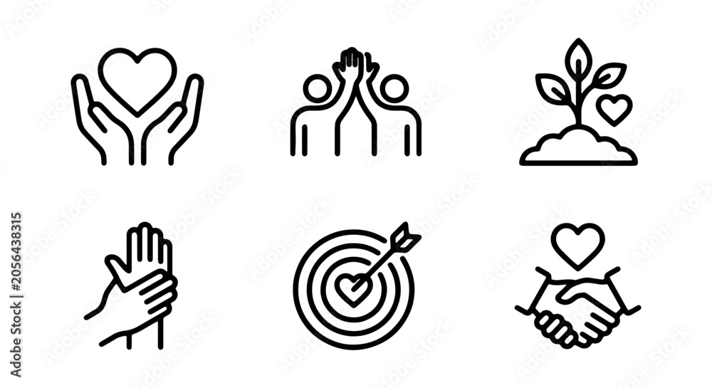 Fototapeta premium Set of 6 Vector Icons: Love, Teamwork, Growth, Support, Success, Partnership. Simple Line Art Graphics for Business and Lifestyle Concepts.