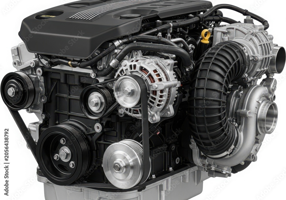 Fototapeta premium Detailed view of a modern car engine with various components visible isolated on white background