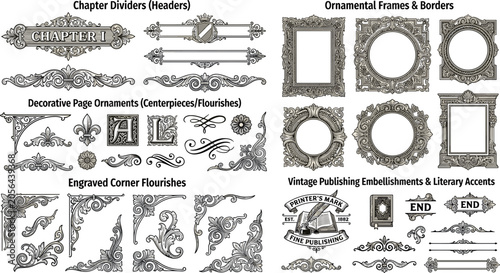Foto Vintage Book Publishing Embellishments Vector Set with Gothic Baroque Borders Ch