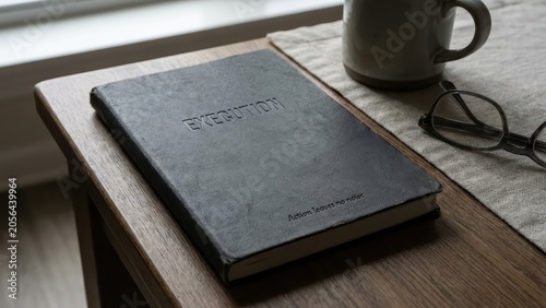Leather journal lying on a wooden table near window