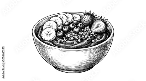 Acai smoothie bowl with banana, berries and granola. Hand drawn vintage engraving style vector illustration