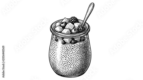  Chia seed pudding with fresh berries and mango in a glass jar. Hand drawn vintage engraving style vector illustration