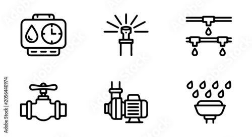 Foto Irrigation System Icons: Timer, Sprinkler, Drip Lines, Valve, Pump, Water Drops