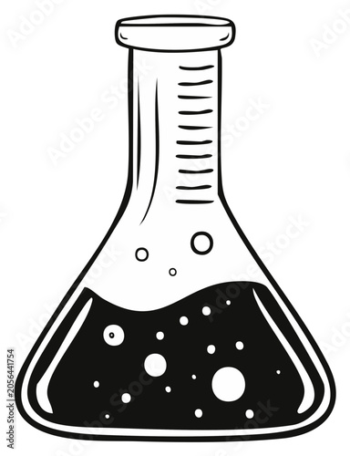 Laboratory conical flask with bubbling fluid graphic, monochrome science experiment symbol