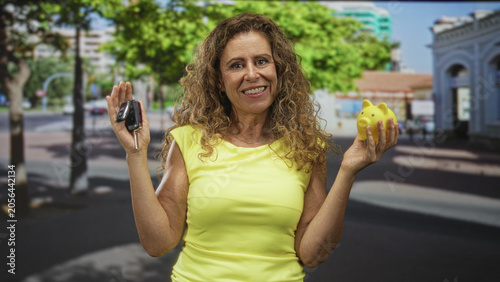 Foto Woman holding piggy bank and car keys, wearing yellow top and smiling on a sunny street; financial independence confidence