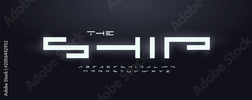 Wide geometric alphabet, minimal futuristic letters, bold rectangular font for sci-fi branding, rigid future logo, sturdy headline, tough typography, future car and fight game design. Vector Typeset