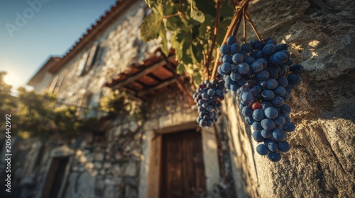 Grapevine on Stone House: A close-up of ripe, dark grapes hanging from a grapevine against a sun-drenched stone house, evoking rustic charm and a sense of harvest.