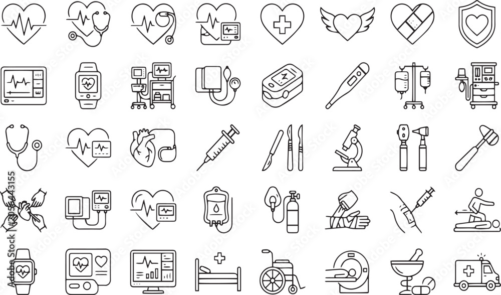 Fototapeta premium Hand Drawn Medical Icons and Healthcare Symbols Vector Set Collection on White Background