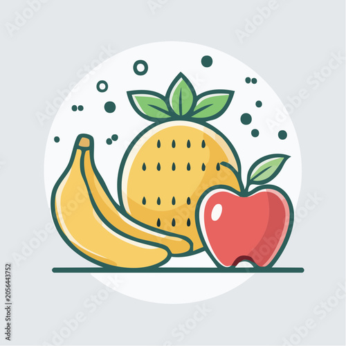 Stylized illustration of assorted fruits: banana, apple, and pineapple