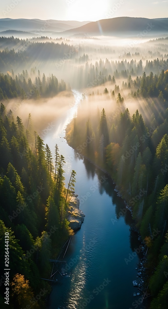 Fototapeta premium Aerial view of a serene river flowing through a lush forest at sunrise.