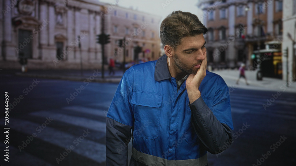 Fototapeta premium Hispanic man worker in blue work overalls touching chin on street crosswalk by ornate building; contemplative pondering.