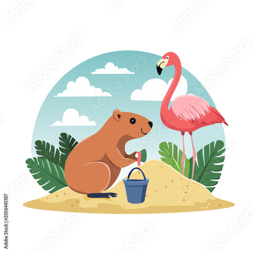 Cartoon piggy bank with coins and plant