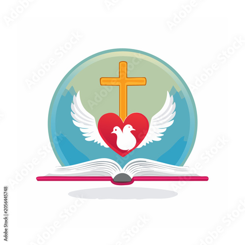 Christianity symbol with cross, heart, dove, and open bible
