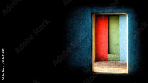 Opening to Color: A darkened room reveals a glimpse through an opening, where vibrant vertical panels of red, green, and blue light create a striking abstract composition against a textured blue wall.