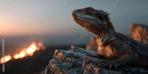Close up of a lizard perched on a rock set against a sunset backdrop