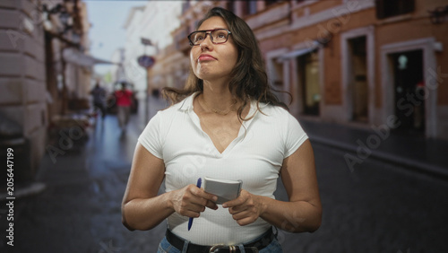 Foto Young latina woman holding notebook and pen with hands visible on a cobbled city street; observation curiosity thoughtful