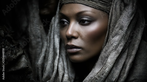Ancient Beauty: A striking portrait of a woman with deep, soulful eyes and an ethereal headdress, evoking a sense of timeless elegance and mystery.