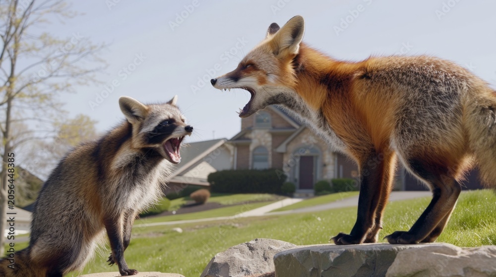 Fototapeta premium Fox and raccoon face off in grassy yard. Fox snarls, raccoon yawns aggressively. Both animals show tension and alertness. Scene captures wild encounter near suburban home. Useful for wildlife, nature